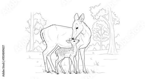 Mother deer and fawn in a forest clearing, line art illustration