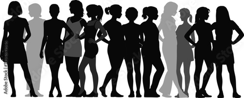 Women silhouettes collection, diverse female group standing, fashion lifestyle concept, modern girls lineup, beauty elegance, isolated black figures illustration