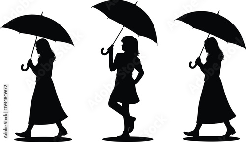 Women silhouettes holding umbrella collection, rainy weather fashion concept, elegant female lifestyle protection rain outdoor walking illustration isolated set