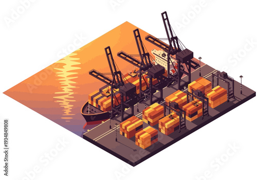 Isometric depiction of a cargo port at sunset A ship is docked with cranes unloading containers