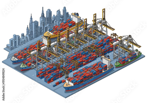 Harbor scene with container ships cranes and stacked containers City buildings are in the background