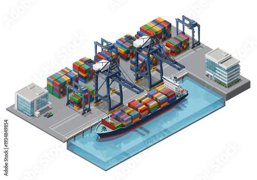 Isometric illustration of a cargo port with a ship cranes stacked containers and buildings