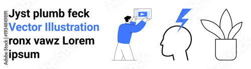 Person presenting online media with abstract head icon and lightning bolt, alongside a minimalistic plant pot. Ideal for creativity, media, knowledge, energy, tech, growth, simple landing page