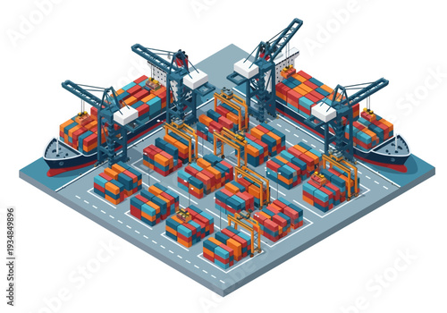 Isometric illustration of a port with container ships cranes and stacked containers