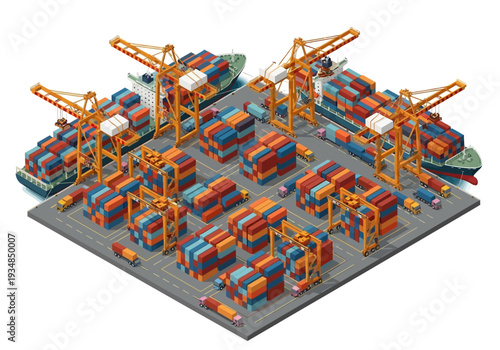 Isometric view of a cargo port with container ships cranes and stacked containers