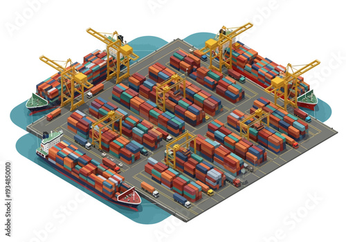 Isometric view of a cargo port with container ships cranes and stacked containers