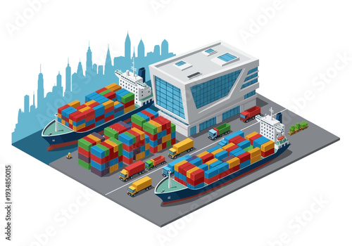 Isometric view of a cargo port with two container ships buildings trucks and cargo containers