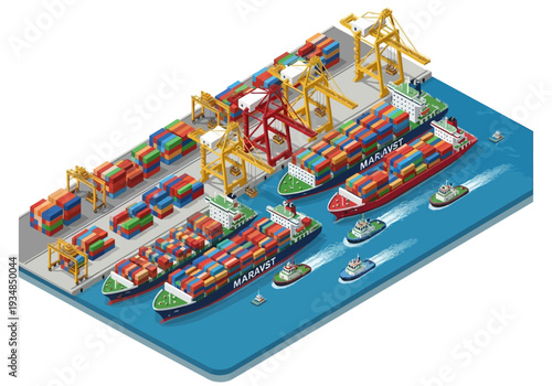 Isometric view of a cargo port with container ships tugboats cranes and stacked shipping containers
