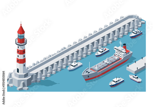 Isometric view of a harbor scene with a lighthouse boats and a large cargo ship at the pier