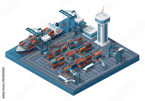 Isometric view of a port with a cargo ship containers cranes trucks and a control tower