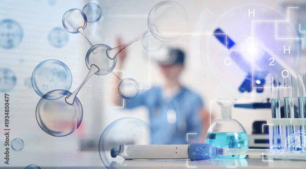 Fototapeta premium Scientist using VR headset, double exposure with virtual elements. Future technology in biochemistry