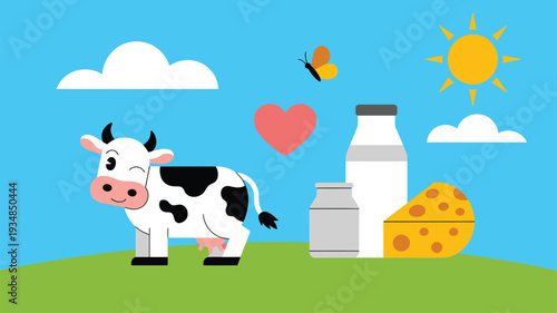 Cow milk cheese farm landscape illustration