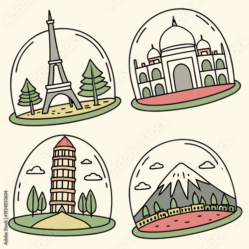 Stylized illustrations of famous world monuments enclosed in glass domes: Eiffel Tower, Taj Mahal, Leaning Tower of Pisa, and Mount Fuji