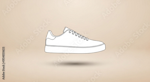 White sneaker floating in mid air with shadow on beige background simple line drawing