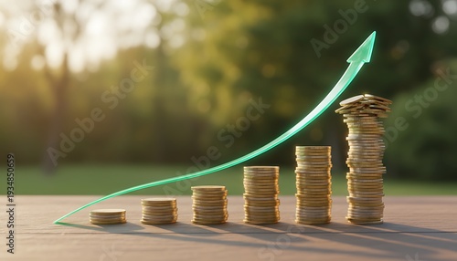 Green Upward Arrow Growth with Coin Stacks on Wooden Surface