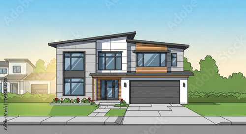 Modern two story house with gray exterior wooden accents and garage in suburban neighborhood with green lawns and blue sky