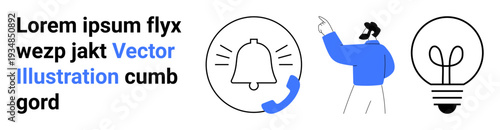 Communication, productivity, ideas, notifications, reminders, inspiration. Features a bell with a phone icon, a person gesturing and a light bulb icon. Communication and productivity