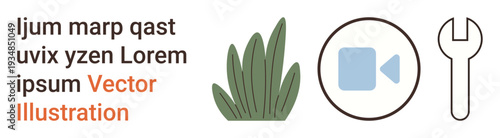 Technology, communication, repair tools, media creation, nature, digital applications. Minimalist icons of a plant, video symbol and wrench. Technology and communication concept