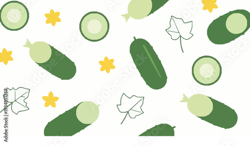 Minimal Seamless Cucumber and Yellow Flower Pattern Vector Design