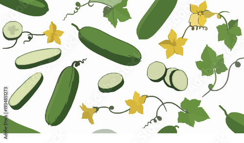 Farmhouse Style Seamless Cucumber Pattern with Flowers and Leaves Vector