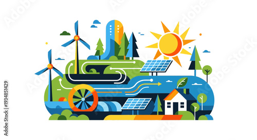 Vector illustration of eco-friendly energy concept with solar panel, wind turbines and house