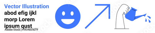 Progress, guidance, development, motivation, growth, positivity. Blue happy face, upward arrow and hand watering with a can. Progress and growth concept visually