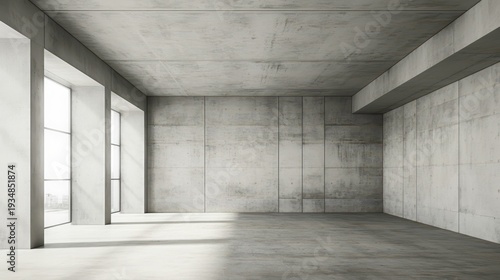 Empty Modern Loft Space with Concrete Walls and Large Windows