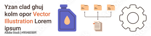 Workflow optimization, data management, system setup, digital organization, process improvement, content management. Connected document folders, gear and oil bottle icons. Workflow optimization