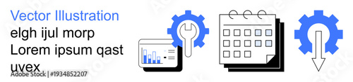 Business planning, scheduling, analytics, workflow optimization, productivity tools, project management. Gears, a calendar a tablet with a chart and a wrench. Business planning and scheduling