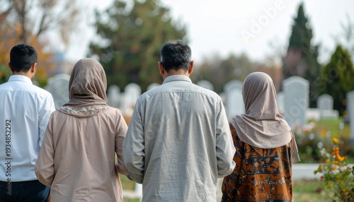 Muslim family visiting ancestral cemetery to pay respects during Eid al-Fitr