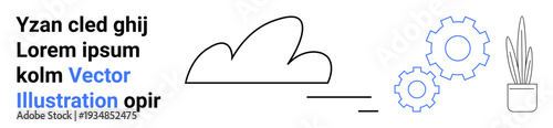 Digital workspace, tech innovation, ecological balance, cloud computing, system optimization, creative environments. Minimalist image of a cloud, gears and potted plant. s technology and cloud