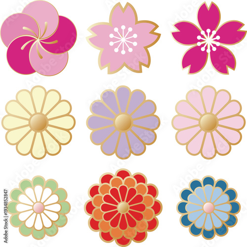 和風の花のアイコンイラストセット。梅、桜、菊の伝統的な紋様と和モダンの装飾パーツ　飾り　あしらい