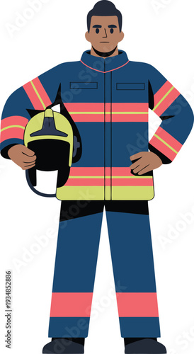 Firefighter in uniform holding helmet, ready for duty, professional rescuer in protective gear standing confidently.