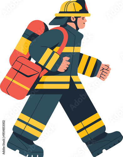 Firefighter walking with oxygen tank on back safety equipment emergency responder