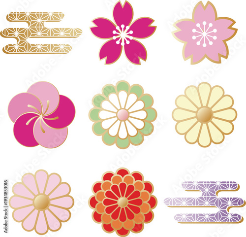 和風の花のアイコンイラストセット。梅、桜、菊の伝統的な紋様と和モダンの装飾パーツ　飾り　あしらい