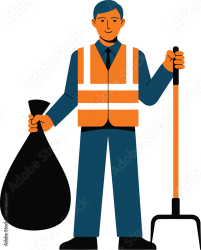 Sanitation worker with trash bag and rake safety vest job outdoor work