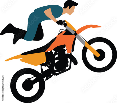 Motocross rider performs stunt on dirt bike raising wheel in air energetic extreme sports action