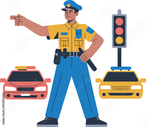 Police officer directing traffic with hand signal stop lights and patrol cars on road