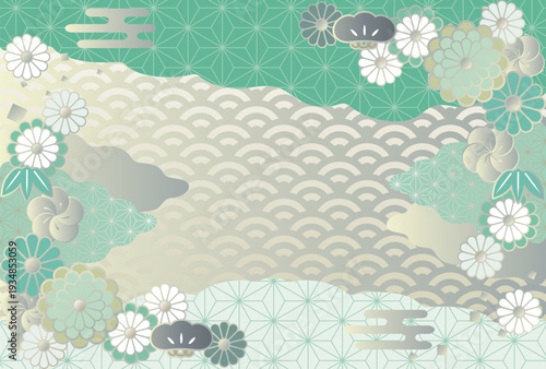 菊と松竹梅、麻の葉模様の和柄デザインフレーム。お正月、年賀、ひな祭り、成人式、春の華やかな背景