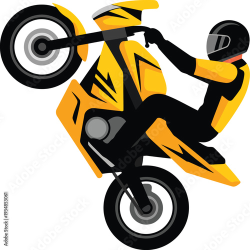 Stunt rider doing wheelie on yellow sports bike extreme motorcycle trick rider performing