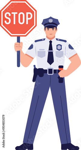 Policeman holding stop sign with hand raised directing traffic