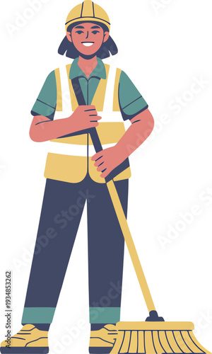 Woman sanitation worker with broom and high visibility vest cleaning outdoor area service illustration