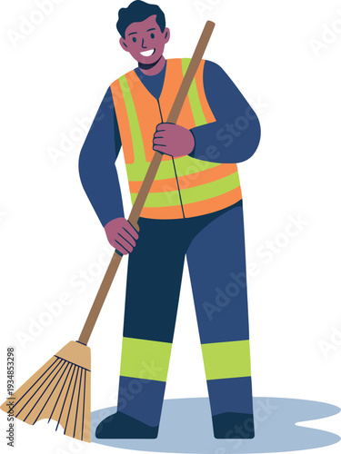 Man sanitation worker with broom cleaning wet ground safety vest outdoor service illustration