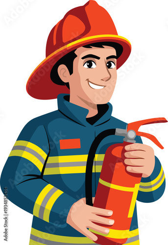 Firefighter with fire extinguisher and helmet, ready to extinguish fire on transparent background