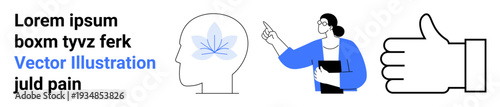 Brain health, alternative medicine, cannabis use, medical consultation, approval, mental well-being. A person points to a brain with a cannabis symbol, next to a thumbs-up icon. Brain health