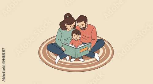 Family Reading Together on Circular Rug.