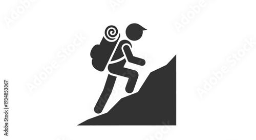 Hiker Climbing Mountain with Backpack Silhouette.