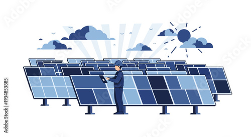 Man Inspecting Solar Panels on Rack.