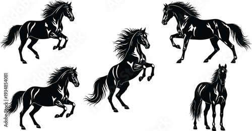 Black and white horse silhouette vector illustration set with various galloping jumping and rearing poses isolated on a white background