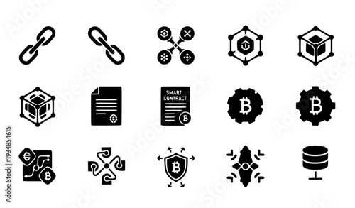 A set of black and white vector icons representing blockchain and cryptocurrency concepts